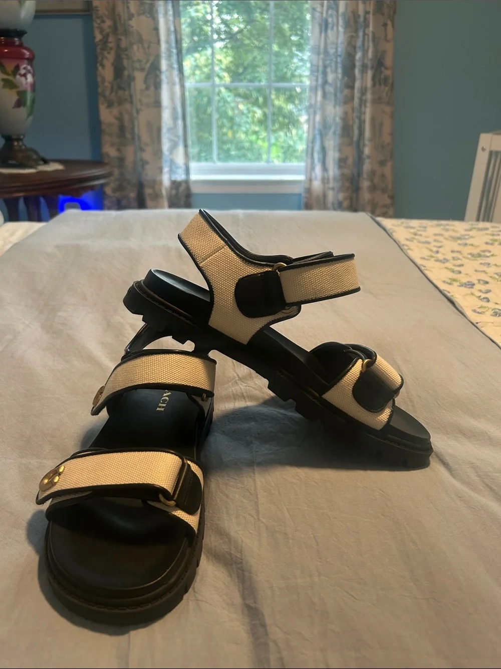 COACH Kids Black and Cream Strappy Sandals with Gold Hardware. Never worn
